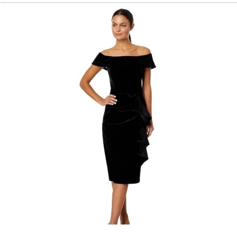 Xscape Velvet Black Off-Shoulder Knee Length Dress.  NWT!
